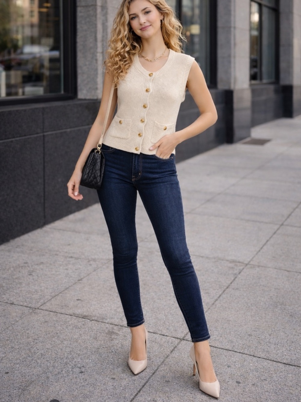 NWOT Moon & Madison Cream Sweater Vest Medium | Gold Button Knit Vest - Picture 6 of 8